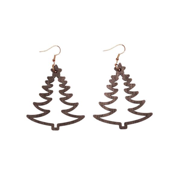 Black Wood Christmas Tree Earrings | Lightweight Holiday Jewelry | 2" x 3.1" - Picture 1 of 5